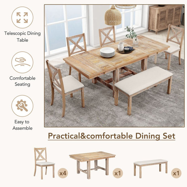 English Elm TOPMAX 82-inch Farmhouse Extendable Dining Set with Two 11" Removable Leaves, Upholstered Seats and Bench Natural N717S000023N