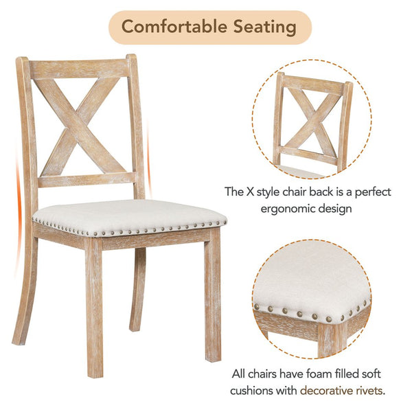 English Elm TOPMAX 82-inch Farmhouse Extendable Dining Set with Two 11" Removable Leaves, Upholstered Seats and Bench Natural N717S000023N