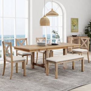 English Elm TOPMAX 82-inch Farmhouse Extendable Dining Set with Two 11" Removable Leaves, Upholstered Seats and Bench Natural N717S000023N