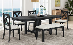 English Elm TOPMAX 82-inch Farmhouse Extendable Dining Set with Two 11" Removable Leaves, Upholstered Seats and Bench Black N717S000023B