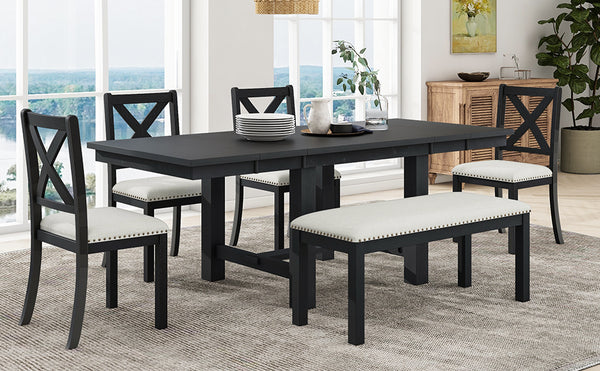 English Elm TOPMAX 82-inch Farmhouse Extendable Dining Set with Two 11" Removable Leaves, Upholstered Seats and Bench Black N717S000023B