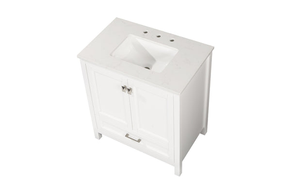 English Elm 30" Freestanding Grey Vanity Solid Wood Cabinet Carrara Marble Top Ceramic Sink W1573P237851