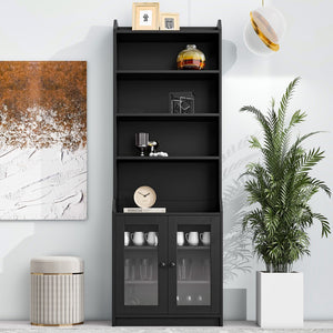 English Elm Elegant Tall Cabinet With Acrylic Board Door, Versatile Sideboard With Graceful Curves, Contemporary Bookshelf With Adjustable Shelves For Living Room, Black