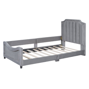 English Elm Twin Upholstered Daybed with Classic Stripe Headboard, Velvet Pine Frame, Mid-Century Splayed Legs Resting Elegance Gray WF308905AAE