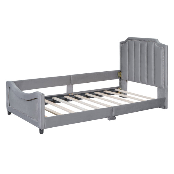 English Elm Twin Upholstered Daybed with Classic Stripe Headboard, Velvet Pine Frame, Mid-Century Splayed Legs Resting Elegance Gray WF308905AAE