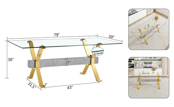 English Elm Dining Table - Modern Tempered Glass With Gold-Plated Metal Legs - Perfect For Home & Office Use! W1151S00353