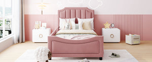 English Elm Twin Upholstered Daybed with Classic Stripe Headboard, Velvet Pine Frame, Mid-Century Splayed Legs Resting Elegance Pink WF308905AAH