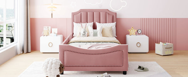 English Elm Twin Upholstered Daybed with Classic Stripe Headboard, Velvet Pine Frame, Mid-Century Splayed Legs Resting Elegance Pink WF308905AAH