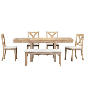 English Elm TOPMAX 82-inch Farmhouse Extendable Dining Set with Two 11" Removable Leaves, Upholstered Seats and Bench Natural N717S000023N
