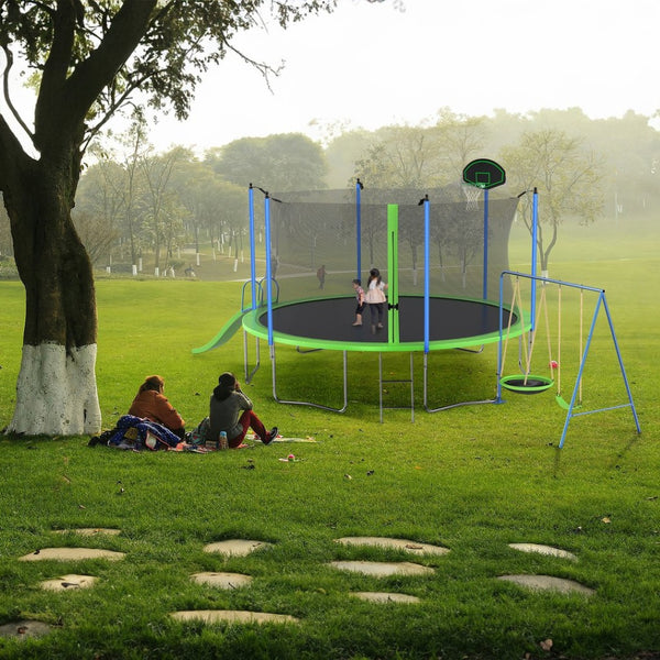 English Elm 14ft Backyard Trampoline Galvanized Steel Frame with Slide Swing Basketball Hoop W285S00023