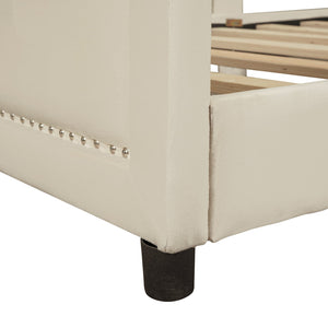 English Elm Twin Upholstered Daybed with Classic Stripe Headboard, Velvet Pine Frame, Mid-Century Splayed Legs Resting Elegance Beige WF308905AAA