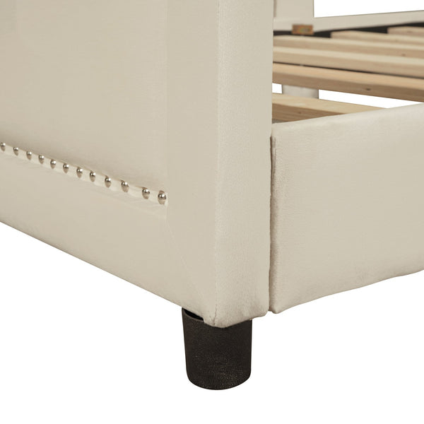 English Elm Twin Upholstered Daybed with Classic Stripe Headboard, Velvet Pine Frame, Mid-Century Splayed Legs Resting Elegance Beige WF308905AAA