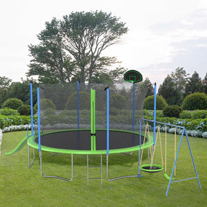 English Elm 12ft Backyard Trampoline with Slide Swings Basketball Hoop and Safety Enclosure Net W285S00022