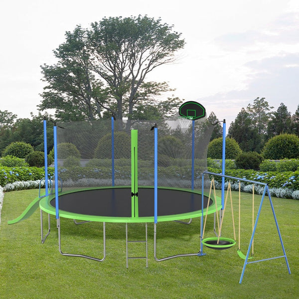 English Elm 12ft Backyard Trampoline with Slide Swings Basketball Hoop and Safety Enclosure Net W285S00019