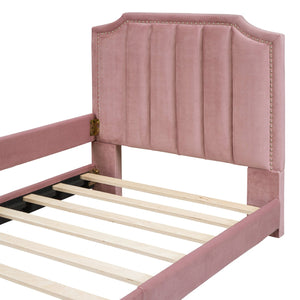 English Elm Twin Upholstered Daybed with Classic Stripe Headboard, Velvet Pine Frame, Mid-Century Splayed Legs Resting Elegance Pink WF308905AAH