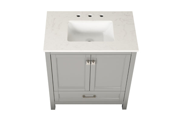 English Elm 30" Freestanding Grey Vanity Solid Wood Cabinet Carrara Marble Top Ceramic Sink W1573P237850