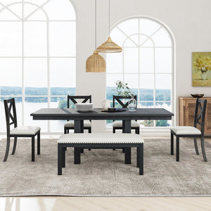 English Elm TOPMAX 82-inch Farmhouse Extendable Dining Set with Two 11" Removable Leaves, Upholstered Seats and Bench Black N717S000023B