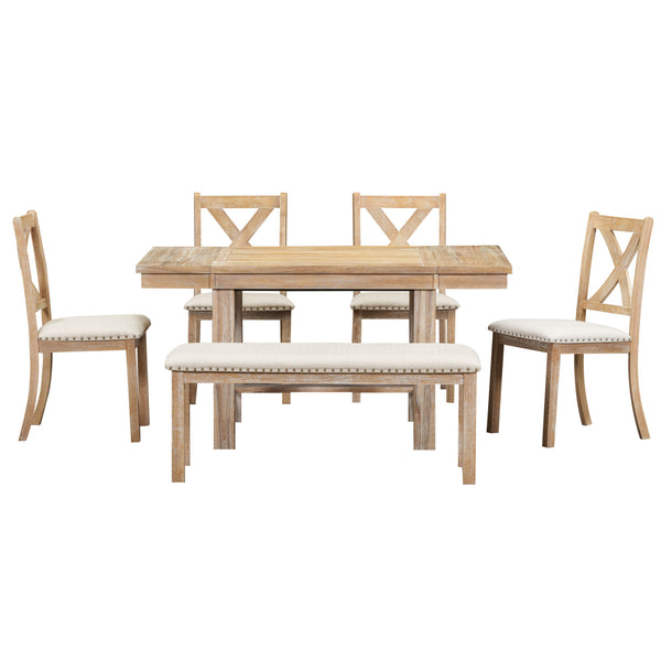 English Elm TOPMAX 82-inch Farmhouse Extendable Dining Set with Two 11" Removable Leaves, Upholstered Seats and Bench Natural N717S000023N
