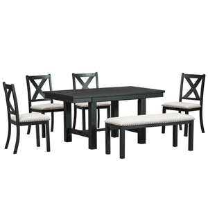 English Elm TOPMAX 82-inch Farmhouse Extendable Dining Set with Two 11" Removable Leaves, Upholstered Seats and Bench Black N717S000023B