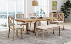 English Elm TOPMAX 82-inch Farmhouse Extendable Dining Set with Two 11" Removable Leaves, Upholstered Seats and Bench Natural N717S000023N