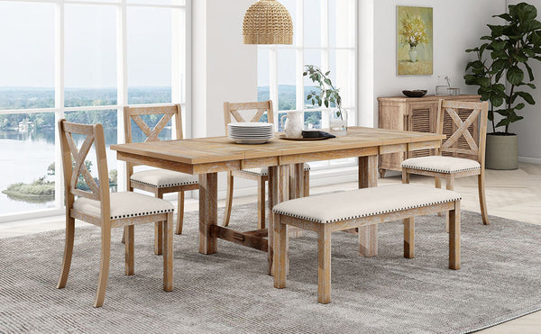 English Elm TOPMAX 82-inch Farmhouse Extendable Dining Set with Two 11" Removable Leaves, Upholstered Seats and Bench Natural N717S000023N
