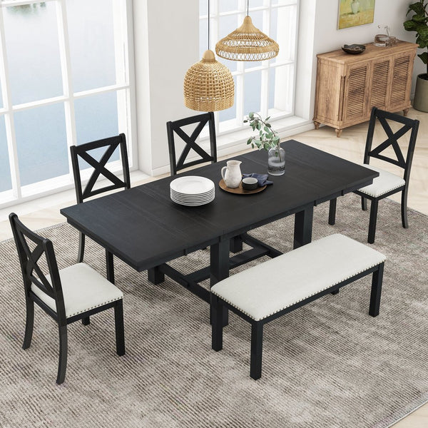 English Elm TOPMAX 82-inch Farmhouse Extendable Dining Set with Two 11" Removable Leaves, Upholstered Seats and Bench Black N717S000023B