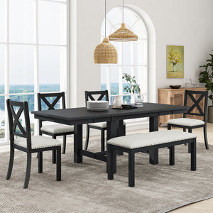 English Elm TOPMAX 82-inch Farmhouse Extendable Dining Set with Two 11" Removable Leaves, Upholstered Seats and Bench Black N717S000023B