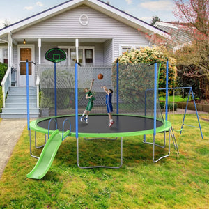 English Elm 14ft Backyard Trampoline Galvanized Steel Frame with Slide Swing Basketball Hoop W285S00020