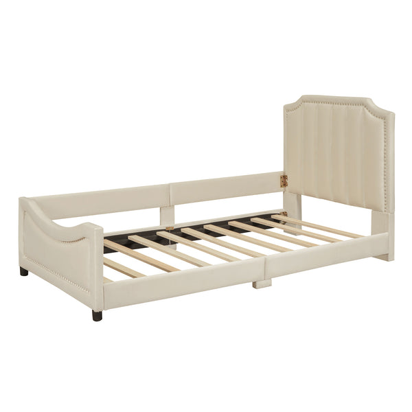 English Elm Twin Upholstered Daybed with Classic Stripe Headboard, Velvet Pine Frame, Mid-Century Splayed Legs Resting Elegance Beige WF308905AAA