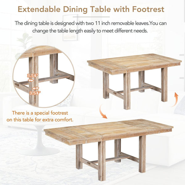 English Elm TOPMAX 82-inch Farmhouse Extendable Dining Set with Two 11" Removable Leaves, Upholstered Seats and Bench Natural N717S000023N
