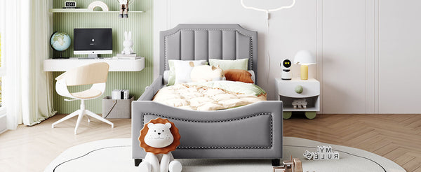 English Elm Twin Upholstered Daybed with Classic Stripe Headboard, Velvet Pine Frame, Mid-Century Splayed Legs Resting Elegance Gray WF308905AAE