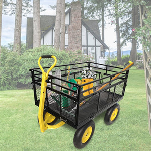 English Elm Steel Heavy Duty Garden Wagon Flatbed Utility Cart with Pneumatic Tires and Mesh Sides W1422112806