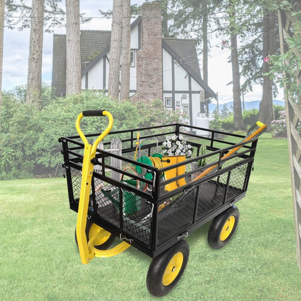 English Elm Steel Heavy Duty Garden Wagon Flatbed Utility Cart with Pneumatic Tires and Mesh Sides W1422112806
