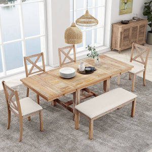 English Elm TOPMAX 82-inch Farmhouse Extendable Dining Set with Two 11" Removable Leaves, Upholstered Seats and Bench Natural N717S000023N