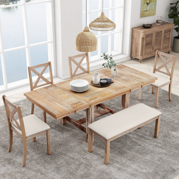 English Elm TOPMAX 82-inch Farmhouse Extendable Dining Set with Two 11" Removable Leaves, Upholstered Seats and Bench Natural N717S000023N