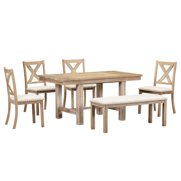 English Elm TOPMAX 82-inch Farmhouse Extendable Dining Set with Two 11" Removable Leaves, Upholstered Seats and Bench Natural N717S000023N