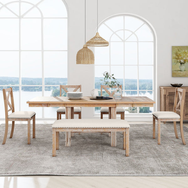 English Elm TOPMAX 82-inch Farmhouse Extendable Dining Set with Two 11" Removable Leaves, Upholstered Seats and Bench Natural N717S000023N
