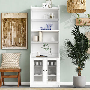 English Elm Elegant Tall Cabinet With Acrylic Board Door, Versatile Sideboard With Graceful Curves, Contemporary Bookshelf With Adjustable Shelves For Living Room, White