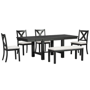 English Elm TOPMAX 82-inch Farmhouse Extendable Dining Set with Two 11" Removable Leaves, Upholstered Seats and Bench Black N717S000023B