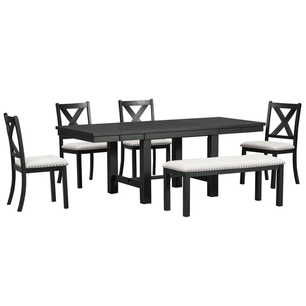 English Elm TOPMAX 82-inch Farmhouse Extendable Dining Set with Two 11" Removable Leaves, Upholstered Seats and Bench Black N717S000023B