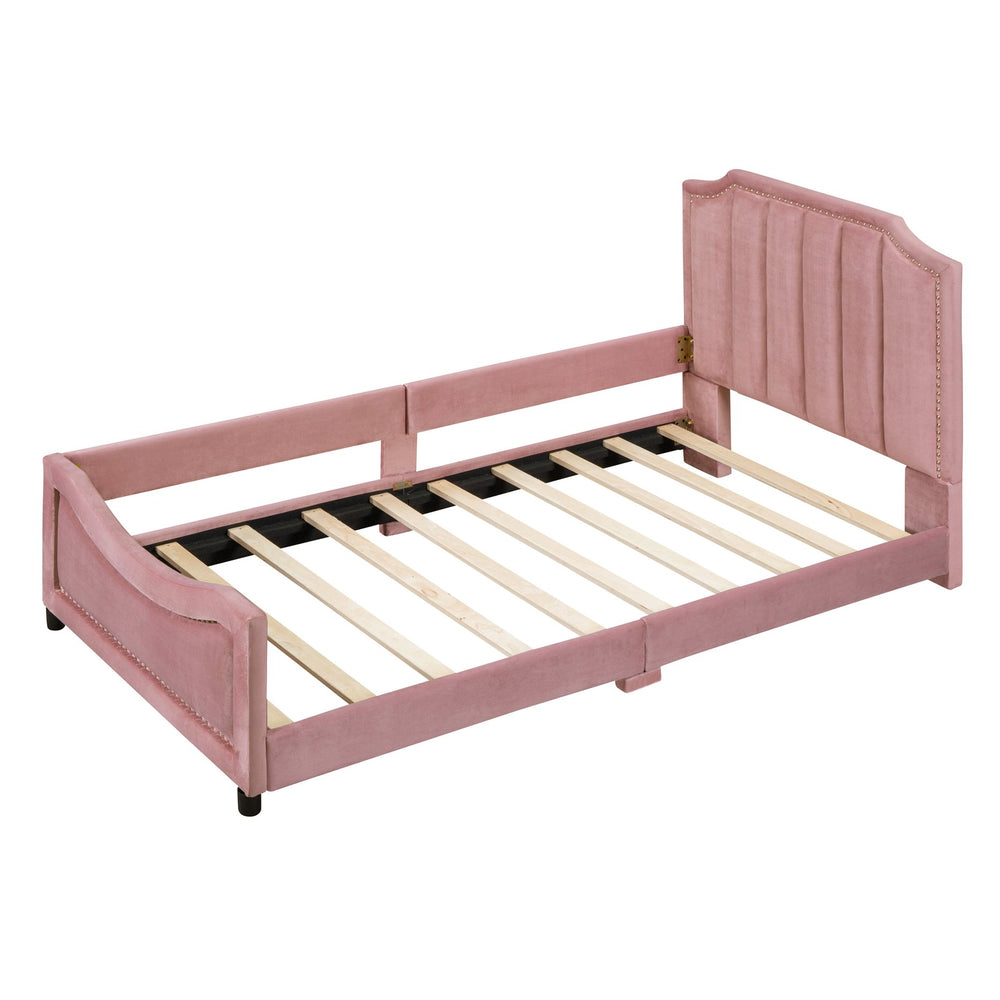 English Elm Twin Upholstered Daybed with Classic Stripe Headboard, Velvet Pine Frame, Mid-Century Splayed Legs Resting Elegance Pink WF308905AAH