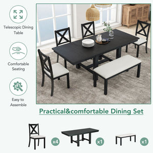 English Elm TOPMAX 82-inch Farmhouse Extendable Dining Set with Two 11" Removable Leaves, Upholstered Seats and Bench Black N717S000023B