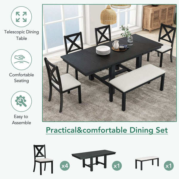English Elm TOPMAX 82-inch Farmhouse Extendable Dining Set with Two 11" Removable Leaves, Upholstered Seats and Bench Black N717S000023B