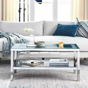 English Elm W Mirrored Crystal Two-tier Coffee Table with Polished Steel Frame for Living Rooms W100540563