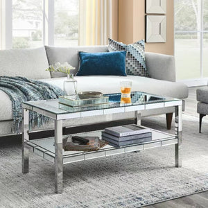 English Elm W Mirrored Crystal Two-tier Coffee Table with Polished Steel Frame for Living Rooms W100540563