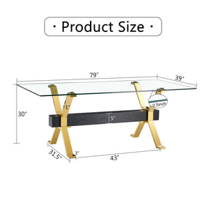 English Elm Dining Table - Stylish Tempered Glass Top With Gold-Plated Metal Legs For Modern Home & Office Use W1151S00260
