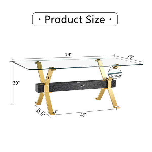 English Elm Dining Table - Stylish Tempered Glass Top With Gold-Plated Metal Legs For Modern Home & Office Use W1151S00260