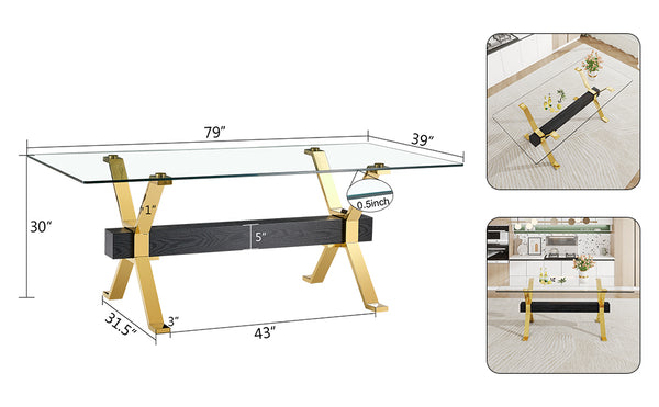English Elm Dining Table - Stylish Tempered Glass Top With Gold-Plated Metal Legs For Modern Home & Office Use W1151S00260