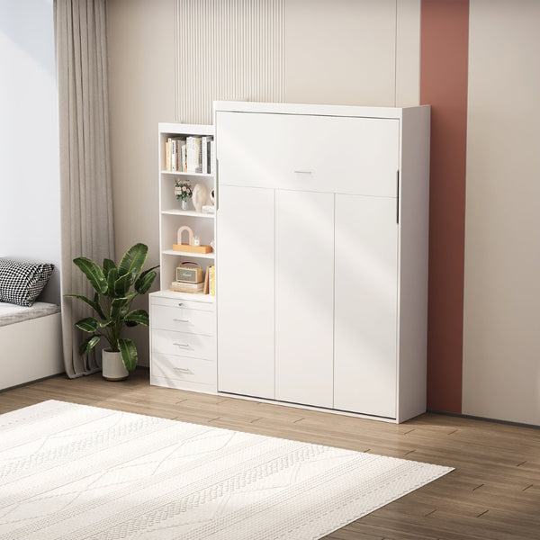 English Elm Morden Design Full Size Murphy Bed with Storage Drawers and Shelving White Cabinet Wall Bed W650S00002