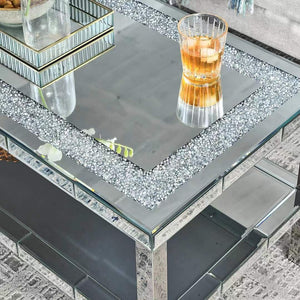 English Elm W Mirrored Crystal Two-tier Coffee Table with Polished Steel Frame for Living Rooms W100540563